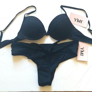 NWT YMI Black Ribbed 2 Piece Bikini Size Large